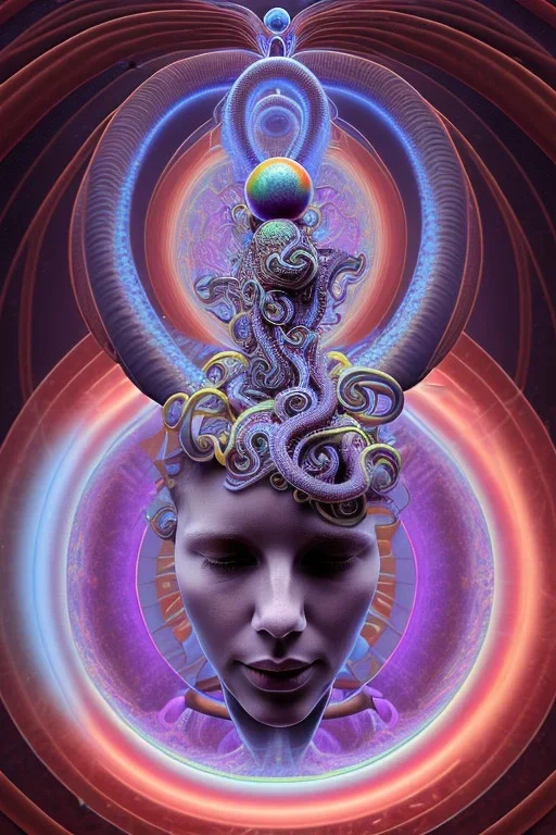 Spiritual being with Tentacles over human Head creating reality around, wrapping Spiral around Human, Psychedelic