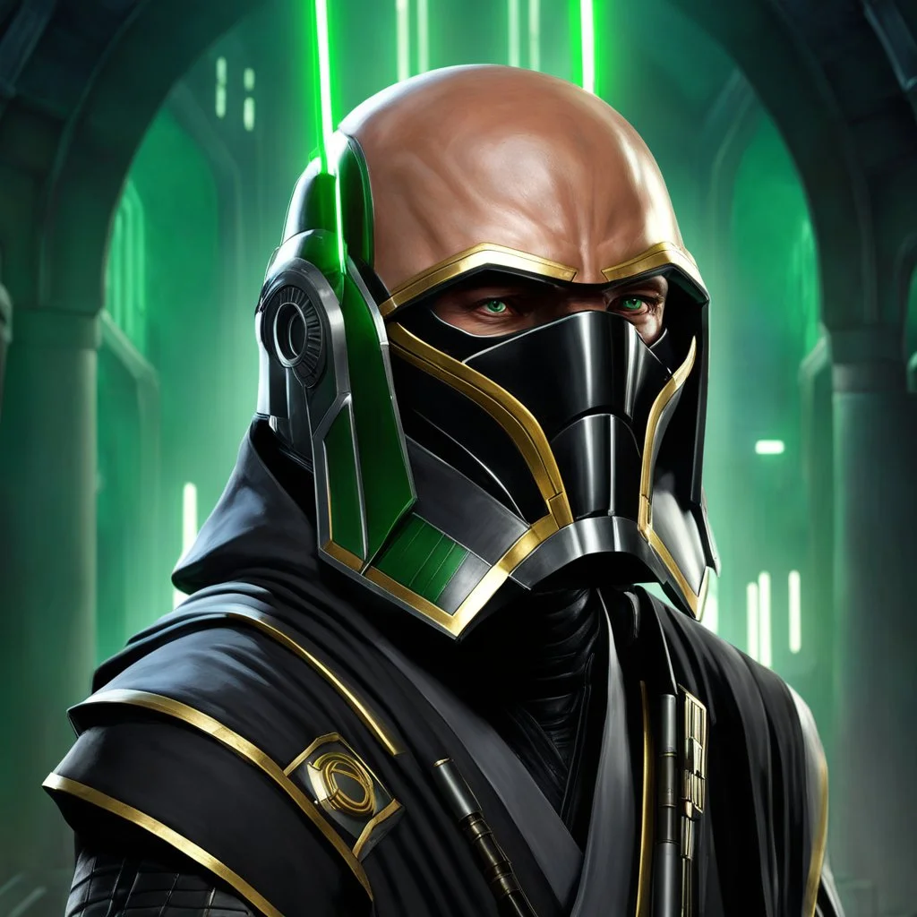 star wars bald male corellian jedi pilot wearing gunmetal grey and black old republic armored robes with gold trim inside the jedi temple holding a lightsaber with viridian green blade in left hand, centered head and shoulders portrait, hyperdetailed, dynamic lighting, hyperdetailed background, 8k resolution, volumetric lighting, light skin, fully symmetric details