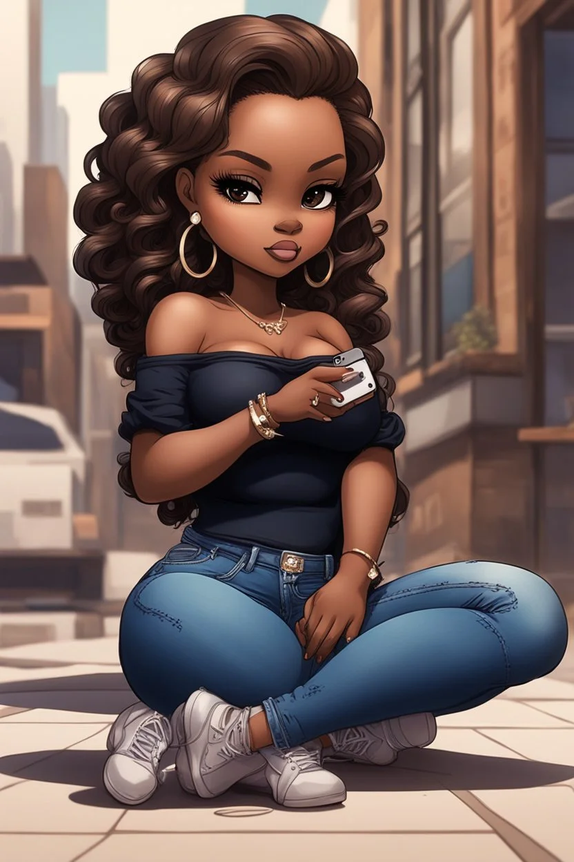 Create a urban culture art of a black chibi curvy female sitting on the floor looking at her cell phone. She is wearing tight blue jeans and a black off the shoulder blouse. Prominent make up with lush lashes. Highly detailed wavy ombre blonde and brown long hair. She is also wearing silver large hoop earrings