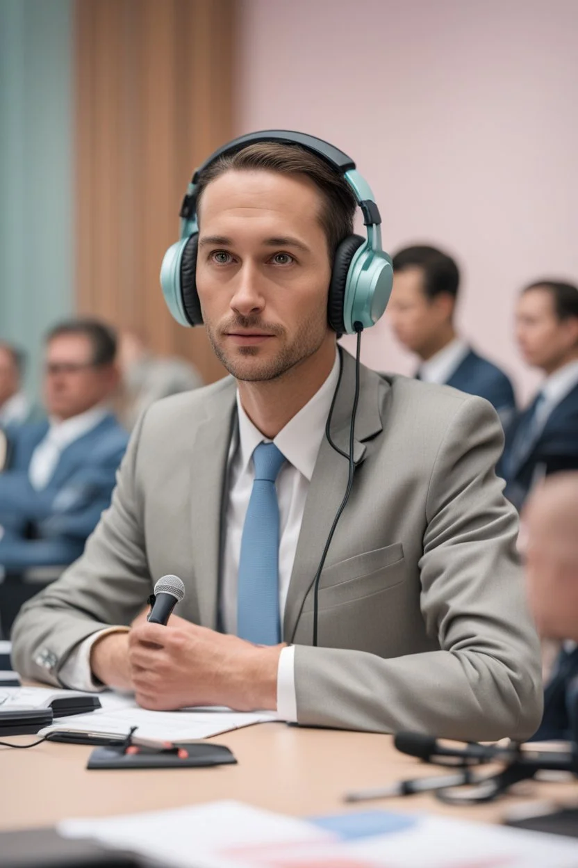 A simultaneous interpreter is sitting at a table with headphones with a microphone at a foreign briefing, the background is blurred, everything is in pastel colors,