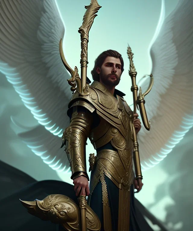 San Michael Archangel, male divine justice, head and shoulders portrait, 8k resolution concept art portrait by Greg Rutkowski, Unreal Engine 5 volumetric lighting