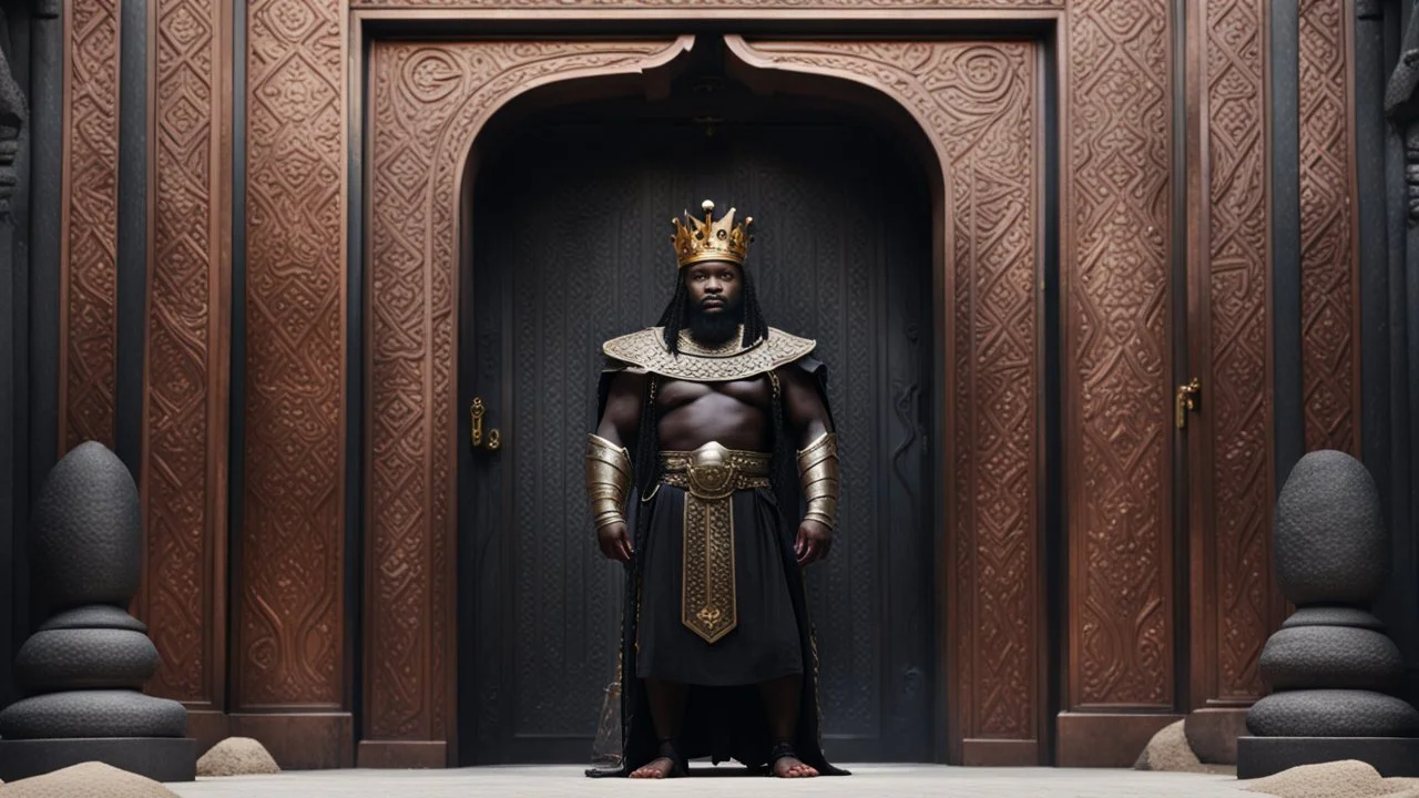 black king stands in front of huge door in mountain