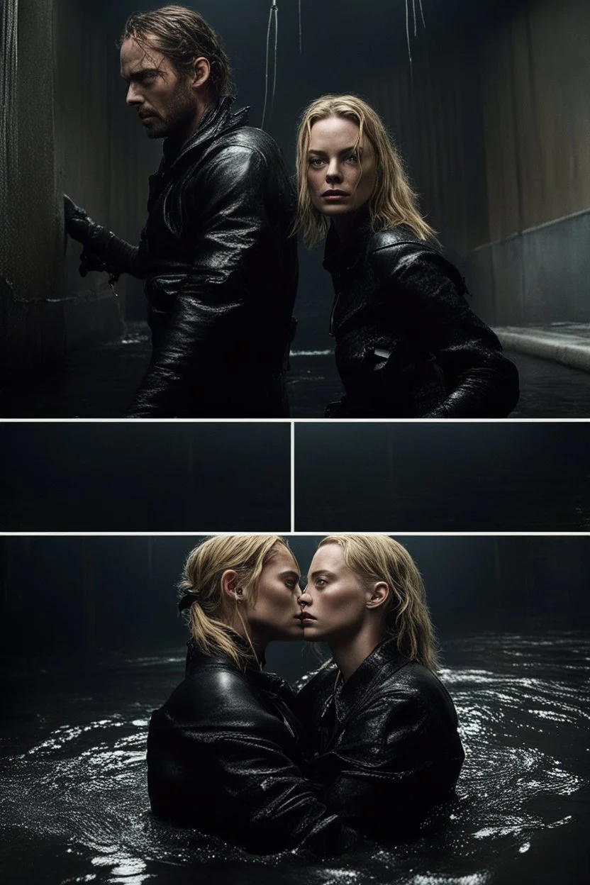 Margot Robbie and Georgia Henshaw tied up back-to-back in black leather, trapped in a flooding chamber as water comes up to their necks.