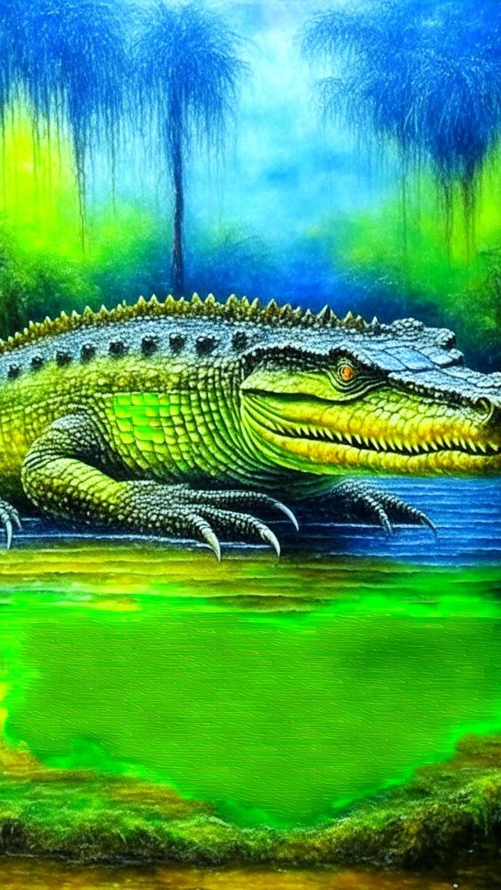 Green mystery lake, large crocodile, painting