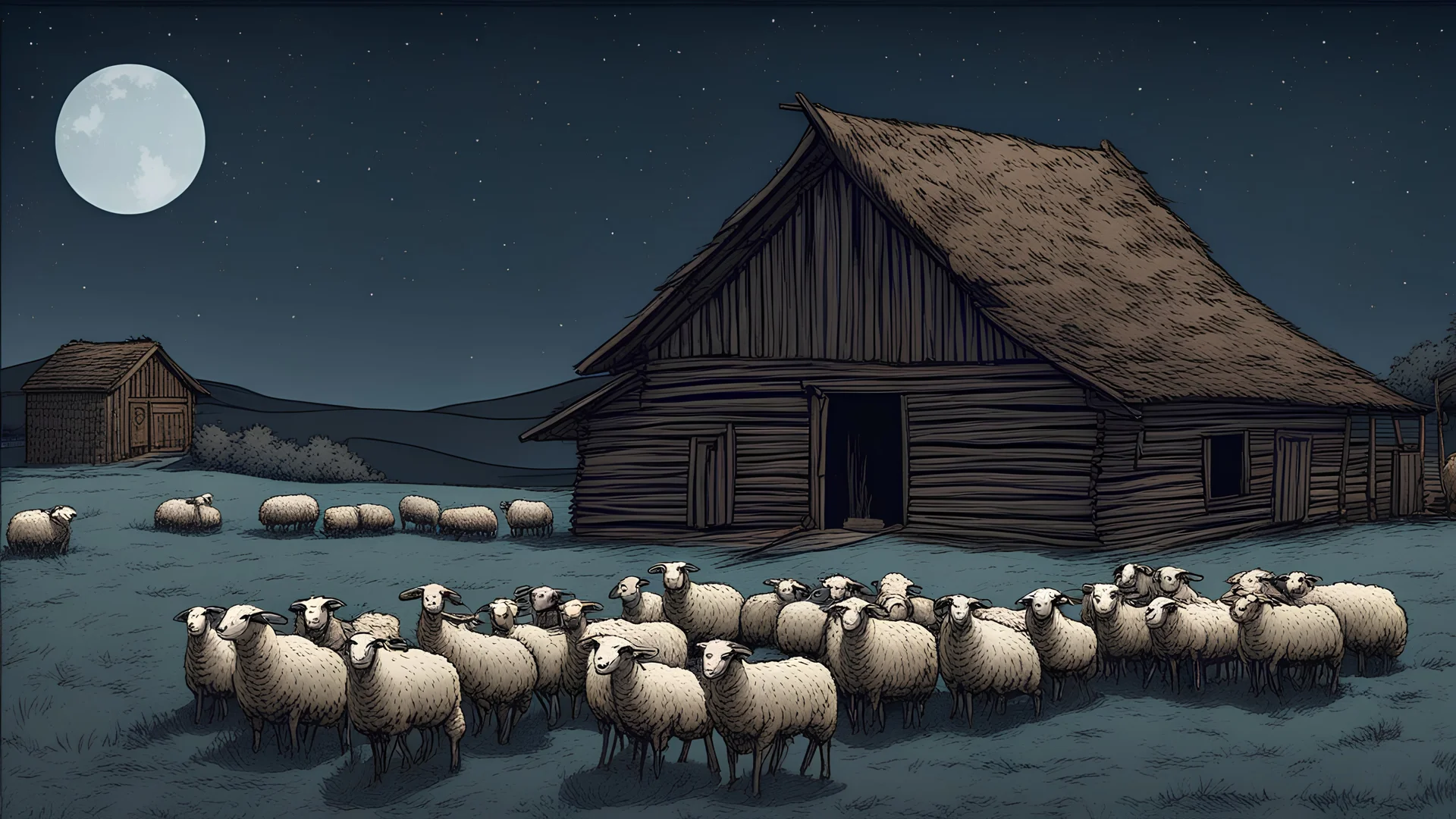 The sky at dark night is blue with stars and some sheep in the barn 2000 years ago