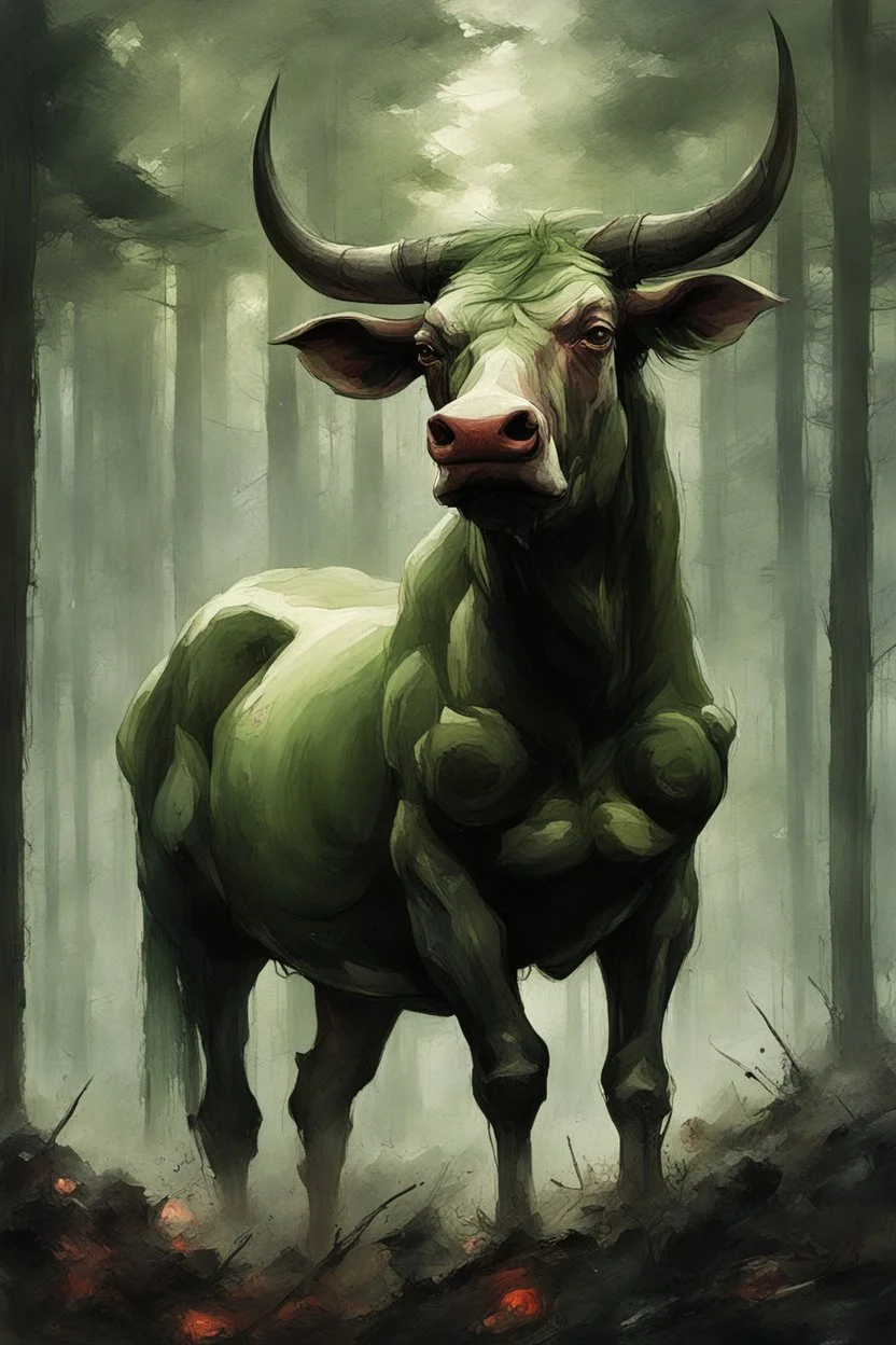 A bull or a horse with a wooden totem on its back, in the middle of the forest. Opposite is a tree with a green-skinned man on it., by Ryohei Hase, Agnes Cecile, Raymond Swanland, Anne Bachelier