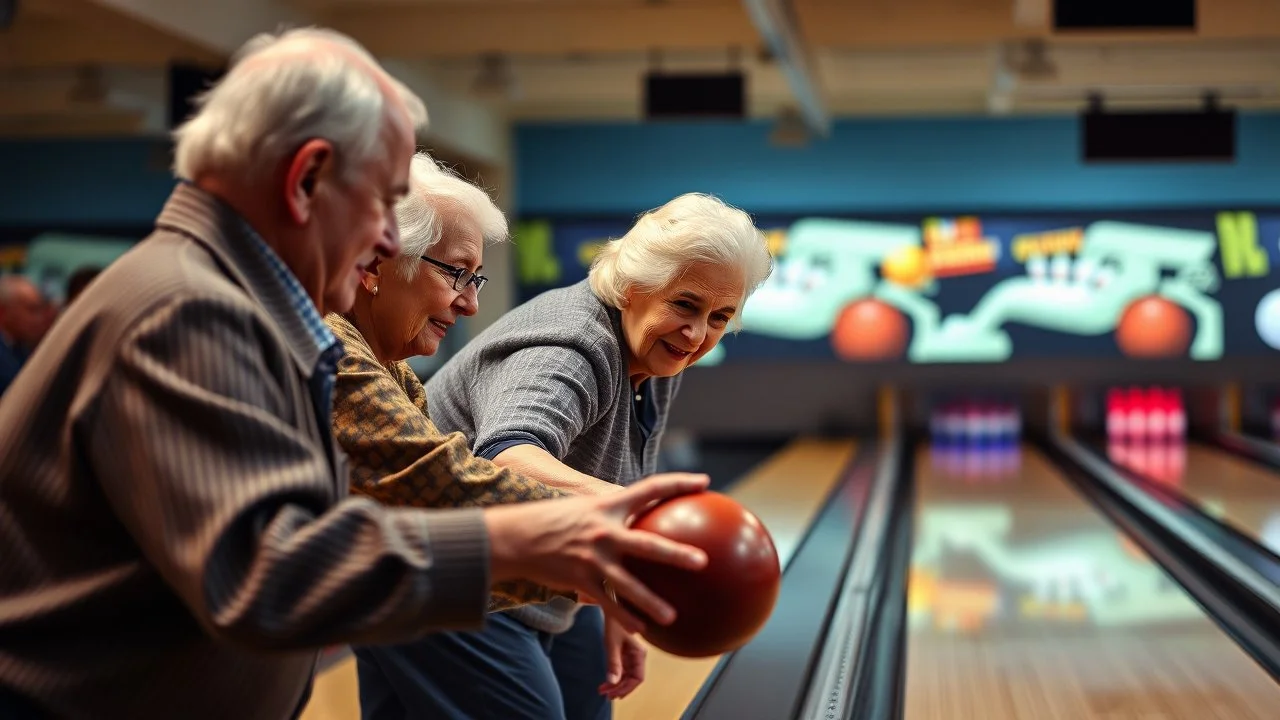 elderly men and women ten-pin bowling, detailed colour photograph