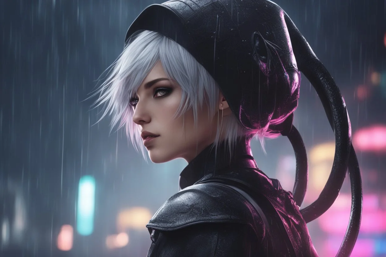 Gwen in 8k nier automata drawing style, spider them, cinematic mood, neon effect, close picture, rain, highly detailed, high details, detailed portrait, masterpiece,ultra detailed, ultra quality