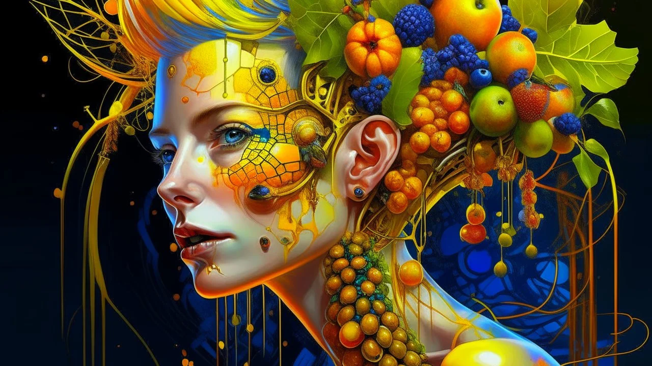 Punk woman 49 years old, hair made of Fruits, Grapes, tangerines, gold, gouache, watercolor, acrylic, streaks of paint, branches, fine drawing, golden makeup, bees, tattoo, robot, alien, bees, bright colors, double exposure, high detail, high resolution, 8K, 3D, bees,