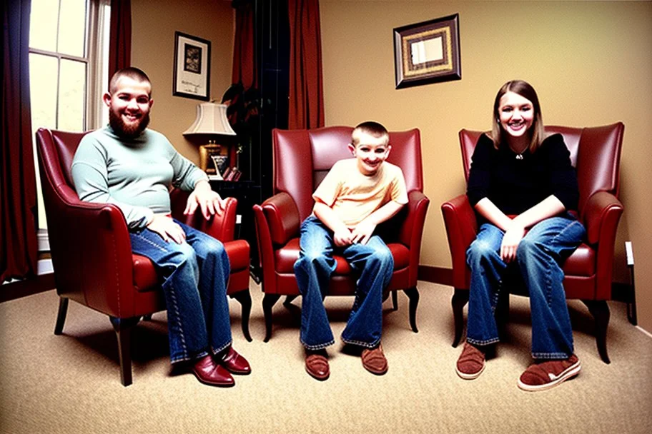 Awkward Family Photo, old and young sitting on chairs, weird smiling