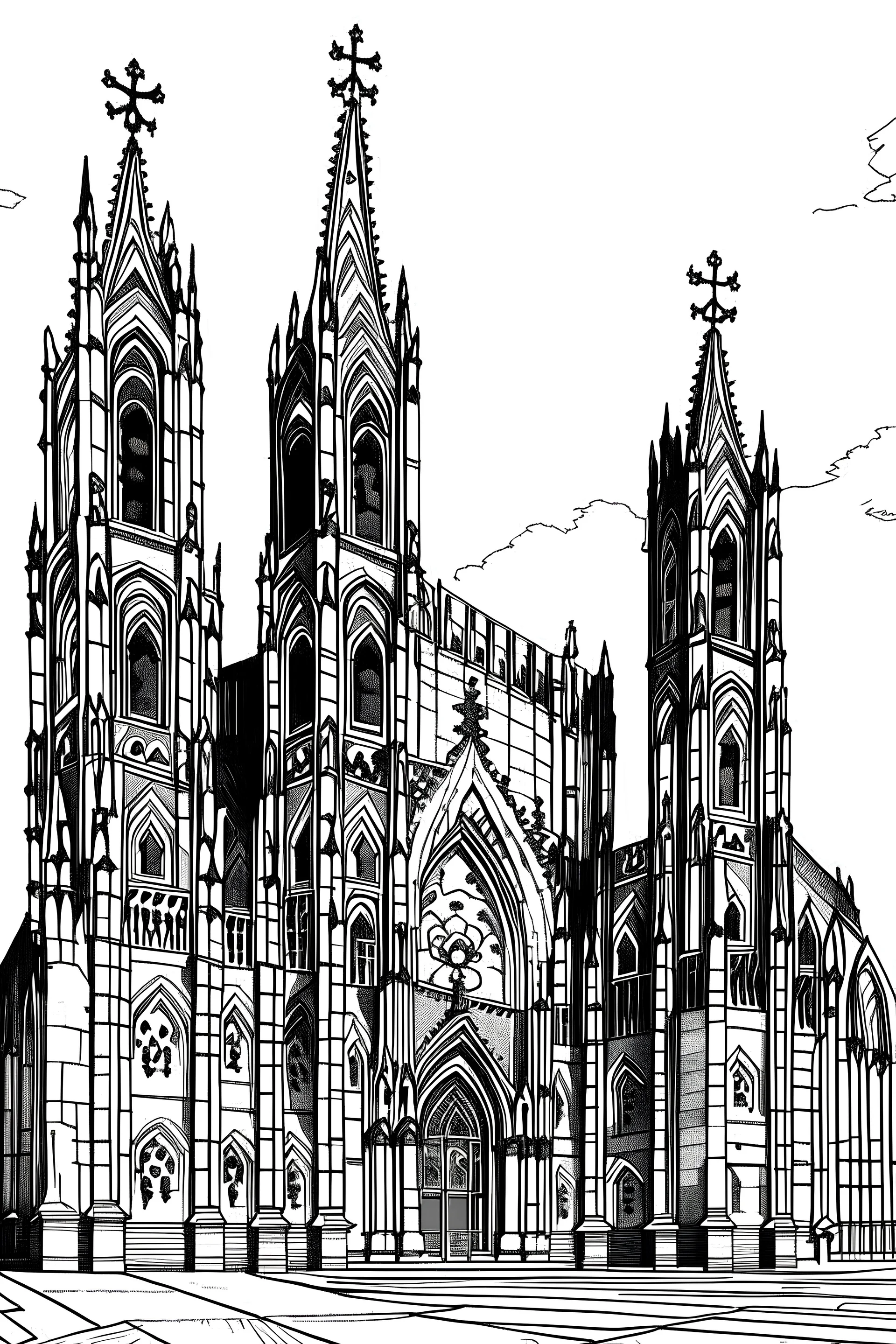 black and white colors only ; illustration of saint jacques cathedral in spain viewed from obradoiro squared; no background