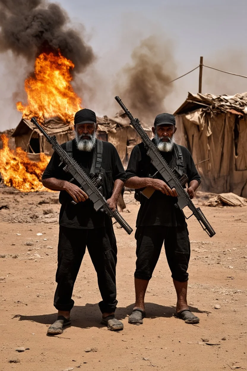 schwarze terroristen in einer wüste stehen hinter einem brennendem dorf mit ihren sturmgewehren. sie sind alt und obdachlos und haben graue bärte