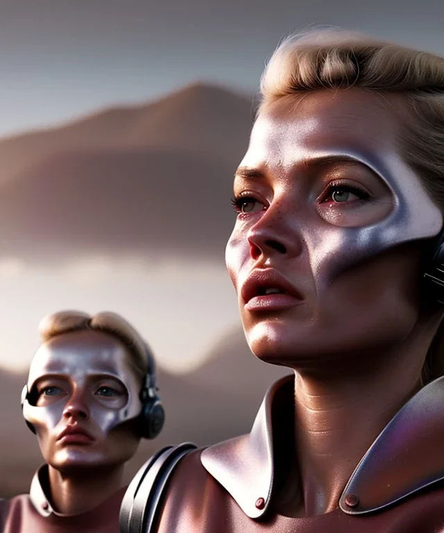 Ultra Realistic retro sci-fi movie scene, waist up view portrait, 5 clones blonde women, sweet young Kate moss face, perfect iris, glow eyes, face makeup. Mars and martians background, Retro sci-fi style, helmet, tight latex coat, fog, rain, soft color, highly detailed, unreal engine 5, ray tracing, RTX, lumen lighting, ultra detail, volumetric lighting, 3d, finely drawn, high definition, high resolution.