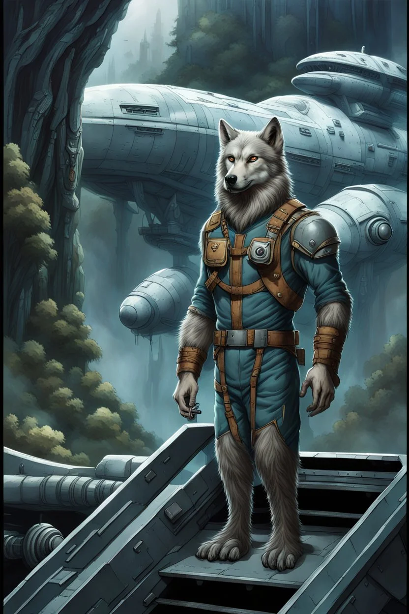 front an anthropomorphic big hairy wolf-man standing on spaceship's ramp on alien land and looking at the camera, around big white-blue fog and the spaceship's ruins . His gaze is directed towards the rain-soaked landscape, which is filled with towering trees with massive trunks. In background back him the spaceship and big fog. The atmosphere is a seamless blend of sci-fi and dark fantasy mood