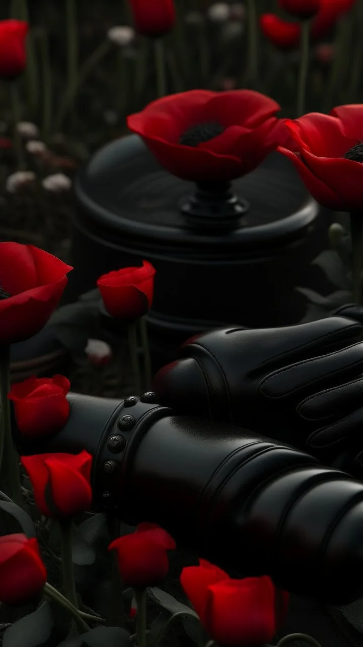 A wooden judge's gavel engraved with Tatiana's name. Next to a black pistol and two black leather gloves. Placed in a field filled with red poppies.. Dark garden background. Dark garden background cinematic.