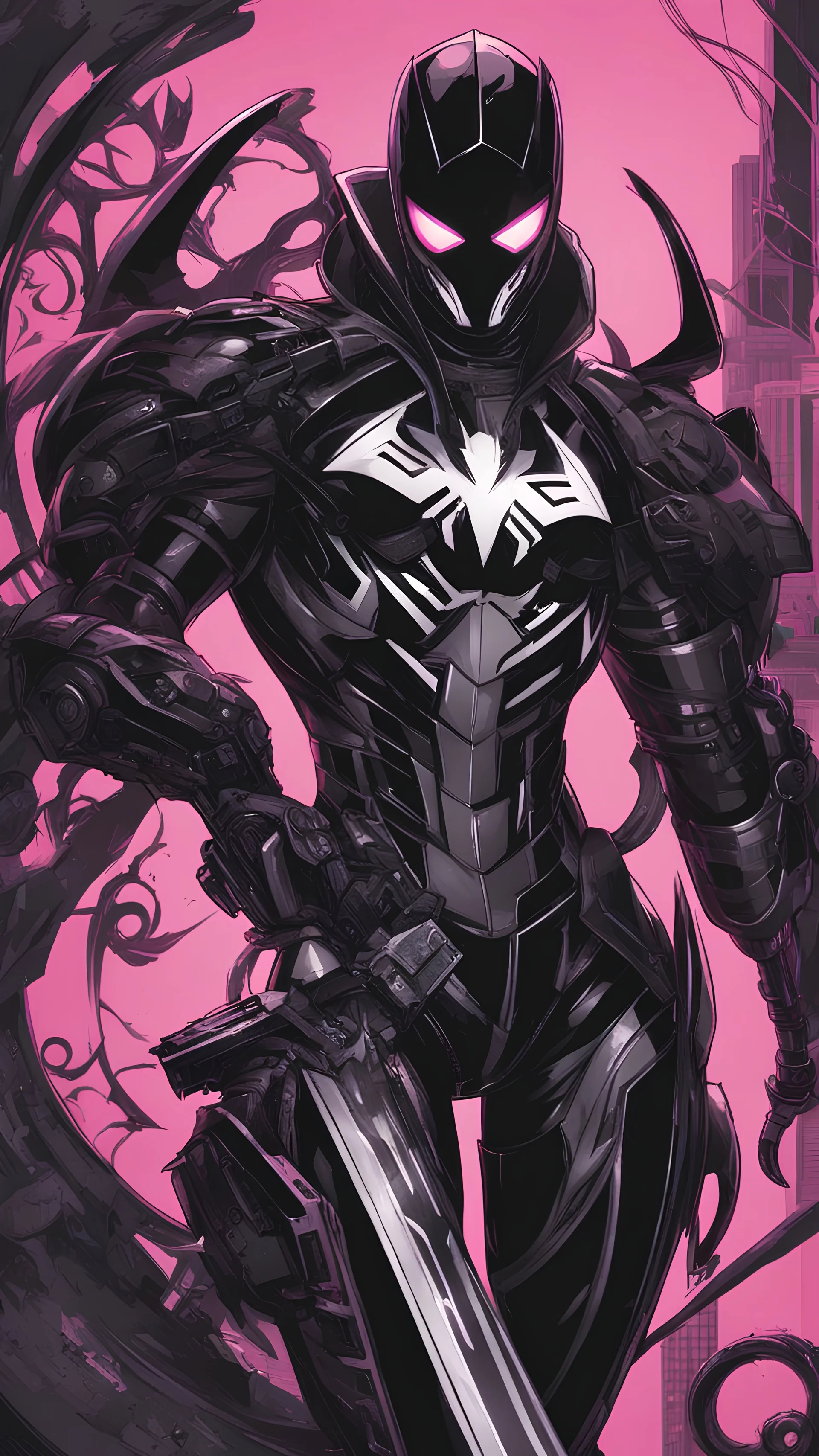 A close picture to Mix between gwenpool and symbiote, symbiote venom with transformers, high details machine, pink and black custom, intricate details, highly detailedin in solo leveling shadow art style