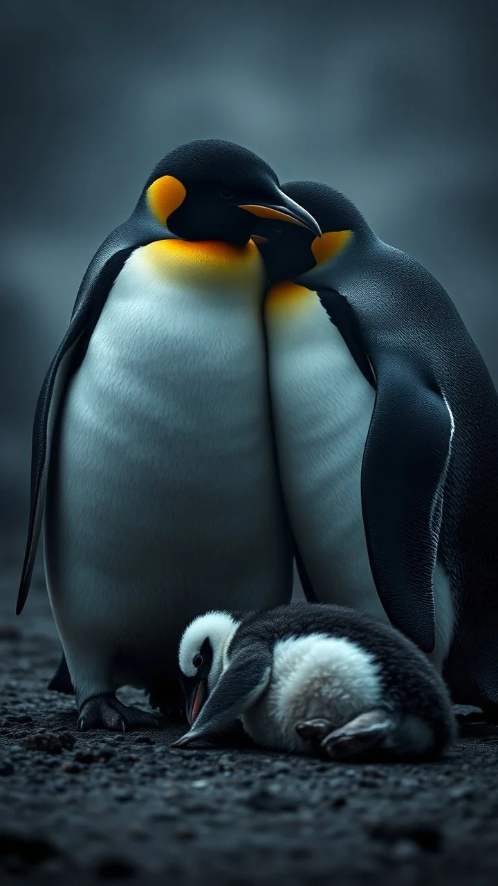,surrealism of the dark of a nightmare , hyper photorealistic, hyper detailed bright art color, high resolution, fog, octane render, tilt shift, HDRI Environment, all pictures dark gray, 2 sad penguins hugging each others , a baby penguin is laying down dead