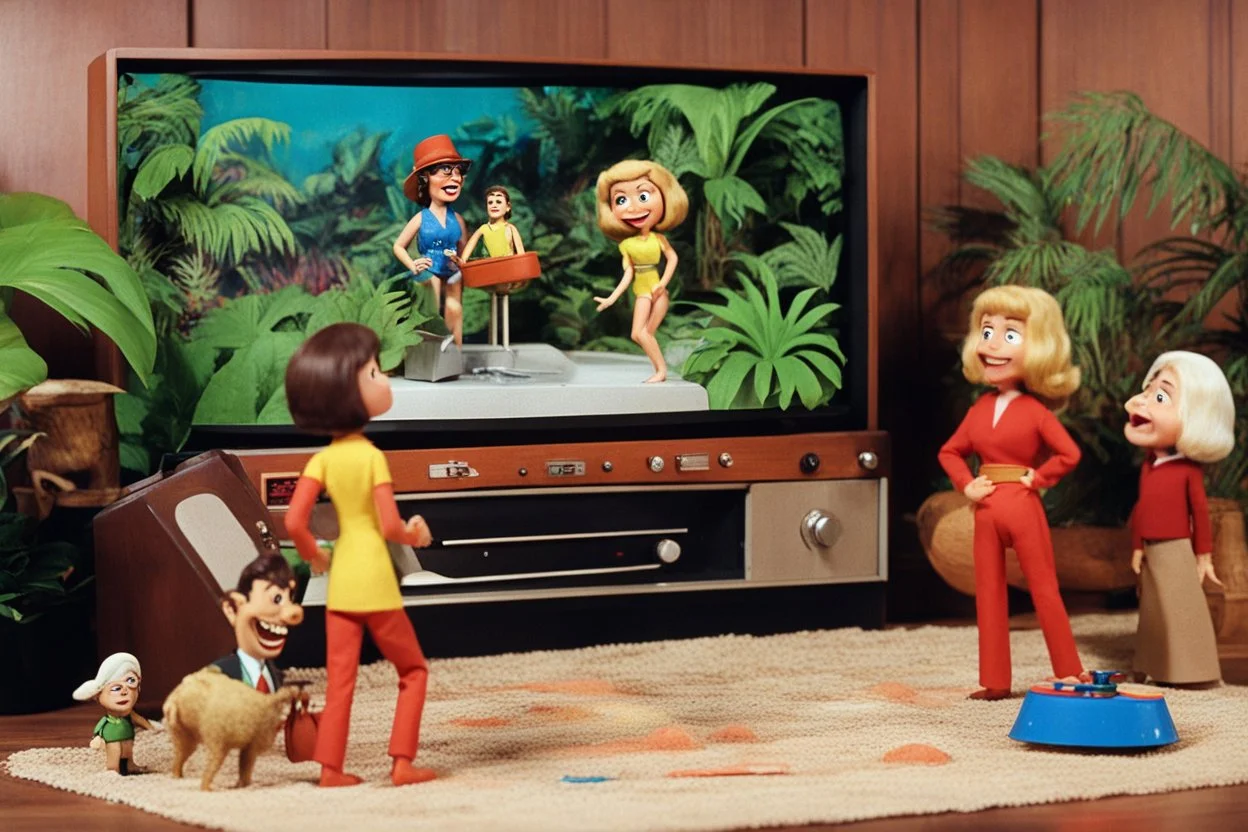 [1960’s stop-motion animation style in the living room: the sound woman in jungle bikini is the star] a 70s humour funny advertisement video TV featuring The Brady Bunch, Gilligan's Island, Laugh-In, The Partridge Family as a claymation character toy from a claymation horror movie in burning rainbow land, from hell, creepy Videos, eyeballs and trees everywhere , as old advertisement shot on video VHS
