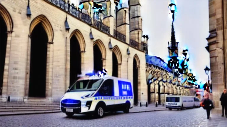 A police Tesla Cybertruck is chasing a Tesla 'Model S Plaid' at top speed, by the Notre-Dame Cathedral, in Paris. CINEMATIC. WIDE ANGLE LENS. PHOTO REAL.