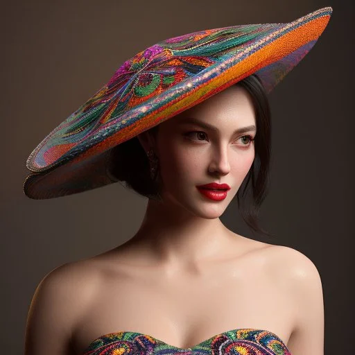 Hermosa mujer con sombrero y vestido coloridos, calidad ultra, hiperdetallado, increíble obra de arte, maximalista,12k