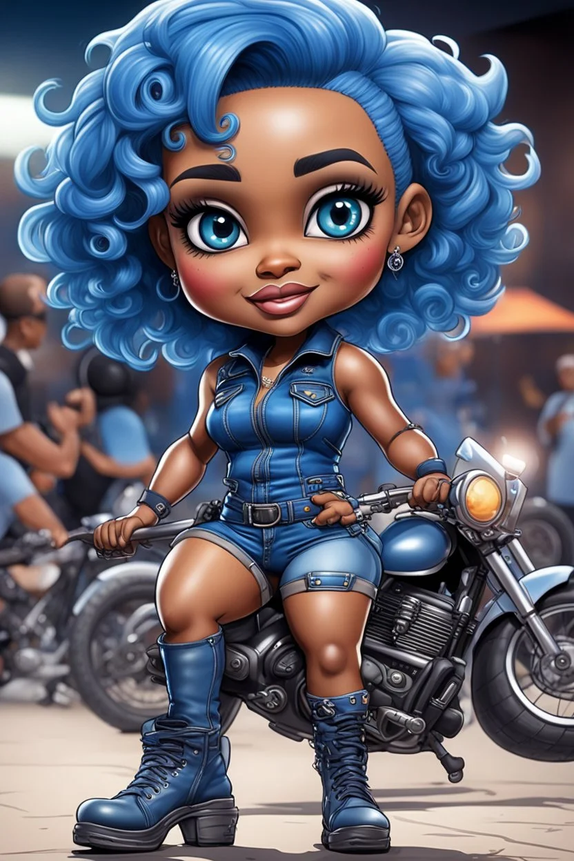 airbrush illustration of the chibi cartoon character, a voluptuous black female in a blue jean outfit with biker boots. Her prominent makeup and hazel eyes, along with her detailed blue pixie haircut, are featured in this image, set against the background of a lively bike show.