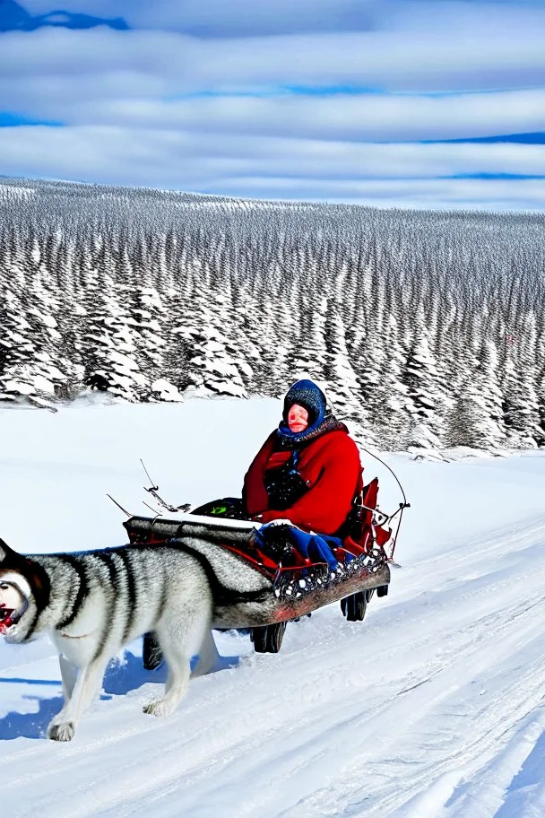 Matthew y Margaret se encuentran en un trineo tirado por un husky mientras viajan por un paisaje nevado