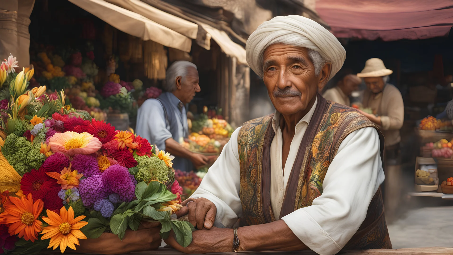 elderly male market trader selling all kinds of exotic flowers, showing his head and upper body, perfect eyes, perfect anatomy, exquisite composition, beautiful detailed intricate detailed octane render, 8k artistic photography, photorealistic, soft natural volumetric cinematic perfect light, chiaroscuro, award-winning photograph, masterpiece, raphael, caravaggio, bouguereau