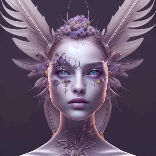 Portrait of beautiful girl, face dept of field,face shining, plant, metal, feathers,central weight average, CWA Dryad, fae, sidhe, ominous, nature, plants, wildflower sparkle,wildflower 3d view, facepaint, dnd character portrait, intricate, oil on canvas, masterpiece, expert, insanely detailed, 4k resolution, retroanime style, cute big circular reflective eyes, cinematic smooth, intricate detail , soft smooth lighting, soft pastel colors, painted Renaissance style,sharp fucus, bokeh,macro lens,