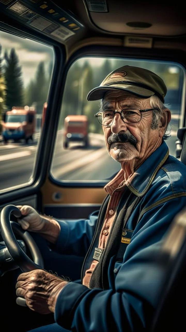 portrett av busssjåfør fra sparta som kjører lexbussen, shot on Hasselblad h6d-400c, zeiss prime lens, bokeh like f/0.8, tilt-shift lens 8k, high detail, smooth render, down-light, unreal engine, prize winning