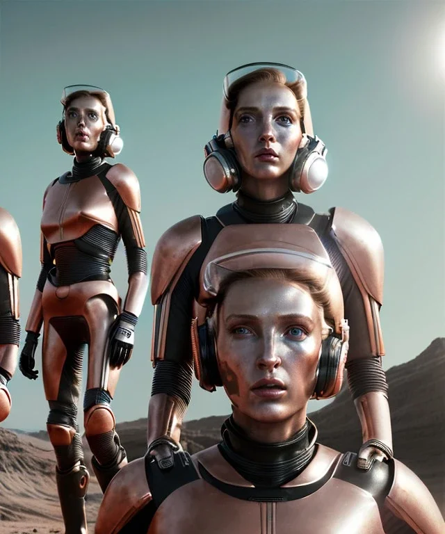 Ultra Realistic retro sci-fi movie scene, 1960 year, waist up view portrait, 3 clones blonde women, sweet young una Thurman face, perfect iris, glow eyes, face makeup. Mars and martians background, Retro sci-fi style, helmet, tight latex coat, fog, rain, soft color, highly detailed, unreal engine 5, ray tracing, RTX, lumen lighting, ultra detail, volumetric lighting, 3d, finely drawn, high definition, high resolution.