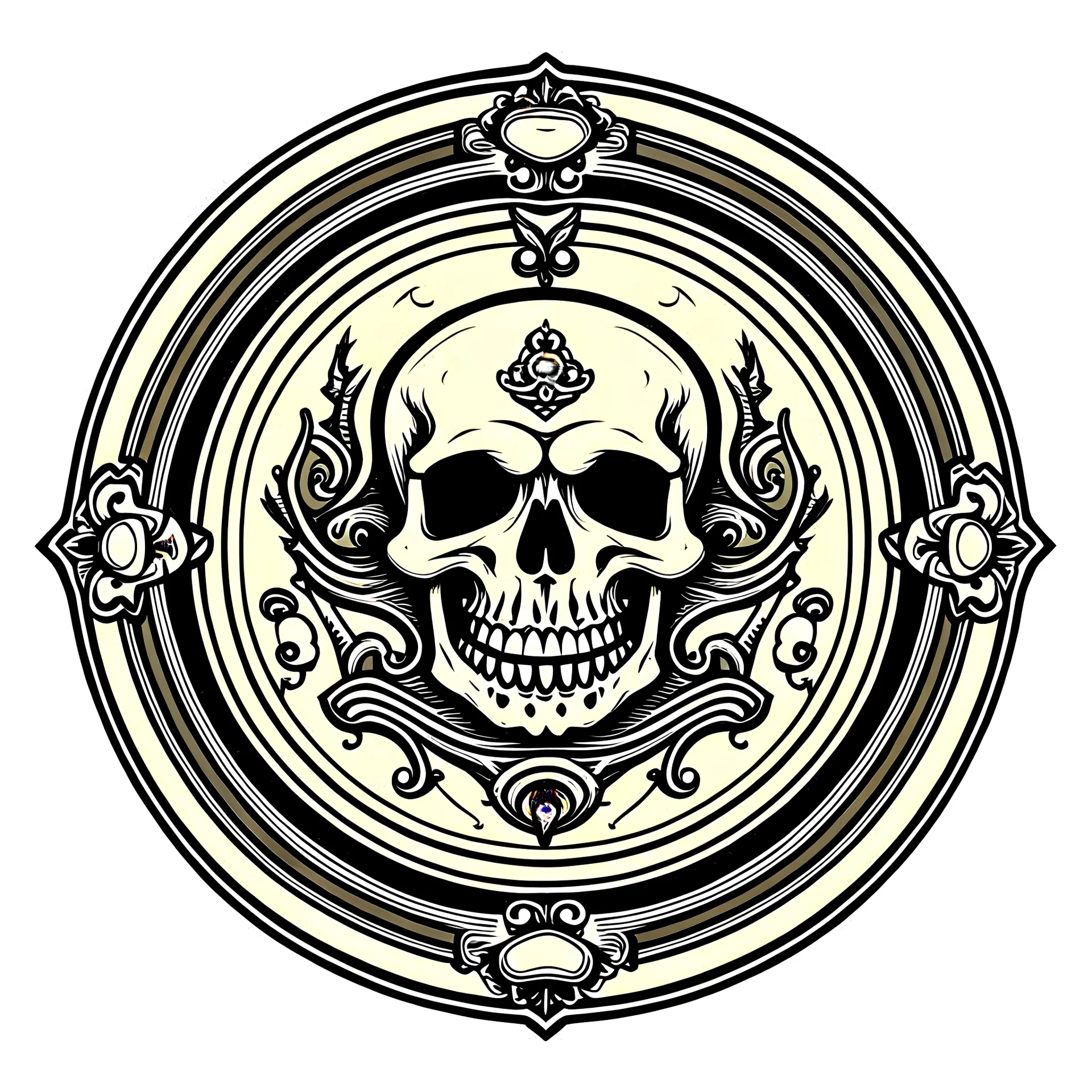 A simple crest that is one inch in diameter that depicts a throne decorated with a single skull on it's top