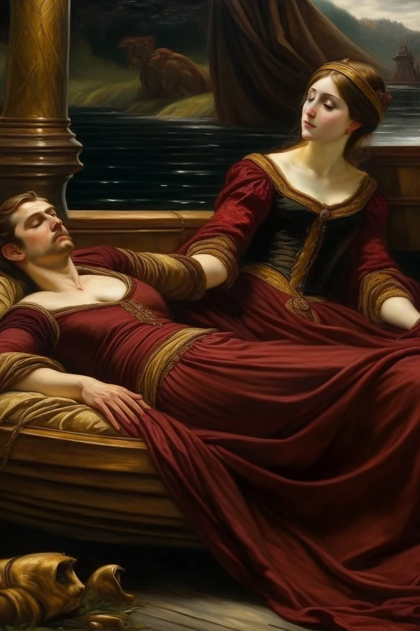 Oil painting A woman lies in a boat and next to her the king reclines and looks at her wearing a dark red dress exposed from above in the ancient era