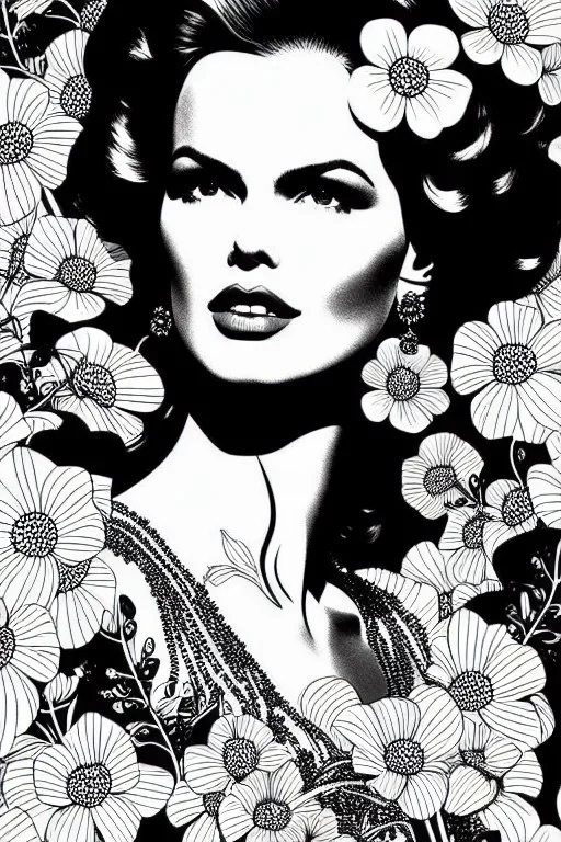 hyper detailed, black and white, thick line, coloring book illustration, lineart, stunningly beautiful eva herzigova in flowers, jim lee