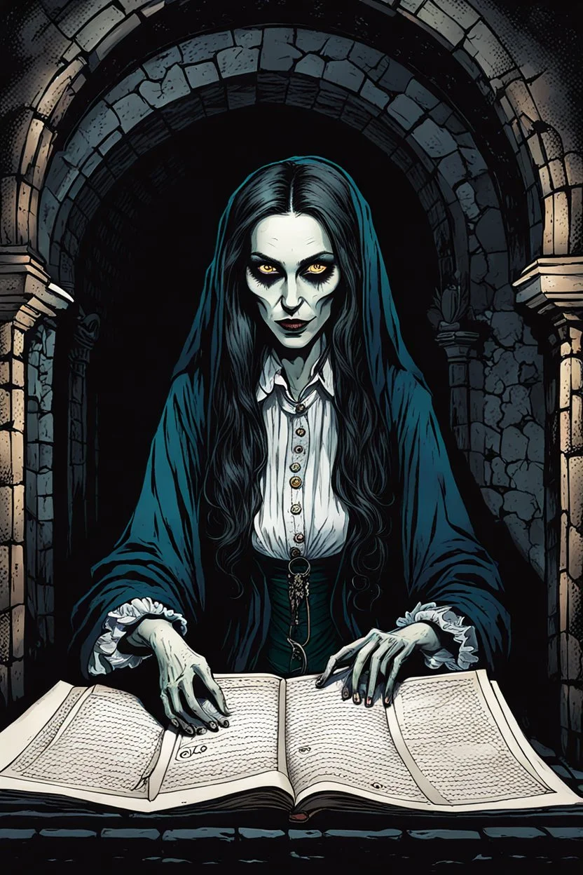 create a fine art print illustration of the spectral shade of an emaciated 13th century Jewish female vampire fortuneteller, clothed in an ornate but ragged bliaud with highly detailed feminine facial features, in the catacombs of the old city of Krakow, shrouded in a fetid mist at midnight , in the comic book art style of Bill Sienkiewicz, and Jean Giraud Moebius, finely textured, drawn, colored, and inked