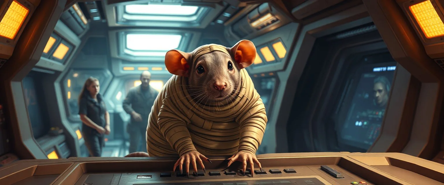 9️⃣ Crew Euphoria "Inside spaceship bridge and hallways. Crew visibly relaxed and productive. Giant mummy rat sits confidently on console, alert but calm, bandages clean, eyes intelligent and sly. Stasis rat pod subtly visible. Warm, dramatic lighting, realistic textures, mood calm triumph and satisfaction."