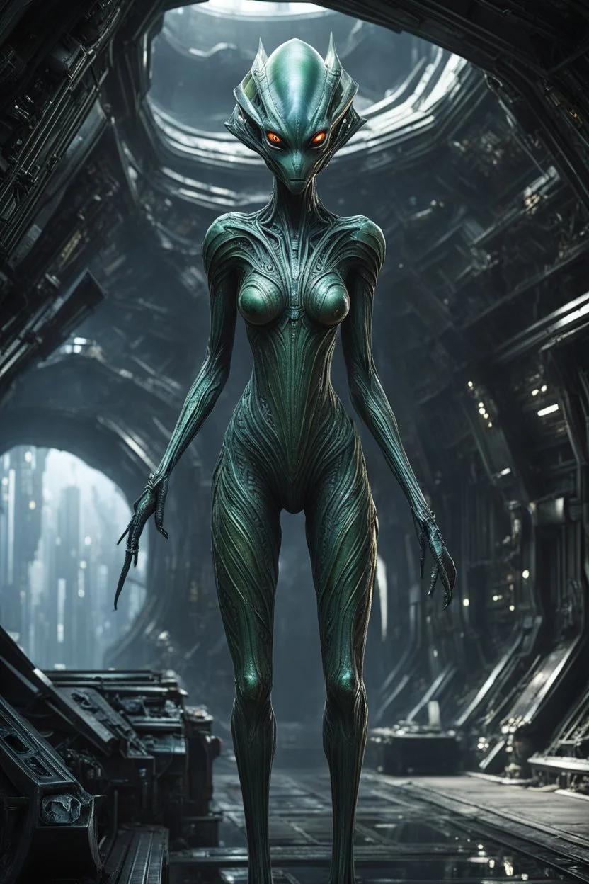 scary alien creature with alien skin,(((Beautiful drooping eyes))),(((Slightly longer arms)))、((long neck)))、Normal shoulder width、(short thighs)、(((Long below knee)))、(((thick waist)))、(Fairly long torso), with a damp and steamy highly detailed spaceship corridor in the background, full body, perfect face, detailed face, perfect body, highly detailed body, highly detailed skin, superior artificial intelligence, half of the face is robotic skeleton, stunning facial details, 45 degree angle of