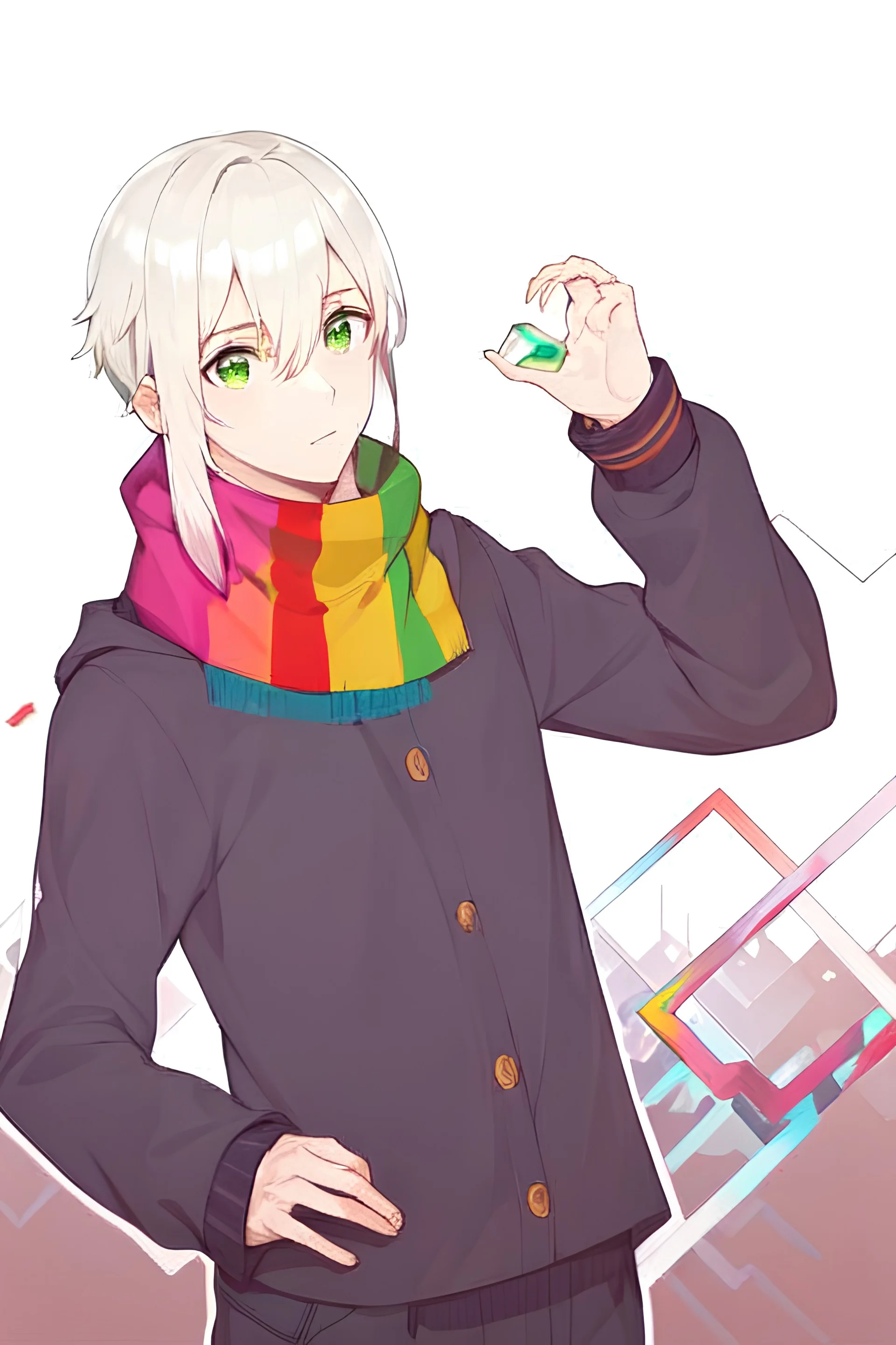 Anime style, Make the art more realistic in the anime version, man, Green eyes, Wearing a colorful scarf around your neck.