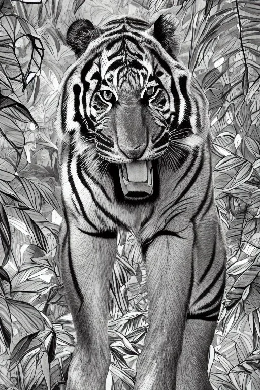 Rainforest, tall hybrid of human and tiger walking, frontal, model style, hyper realistic, accurate, delicate, extremely detailed, Graphic novel style, wide-angle, front view, open aperture, superfine pencil