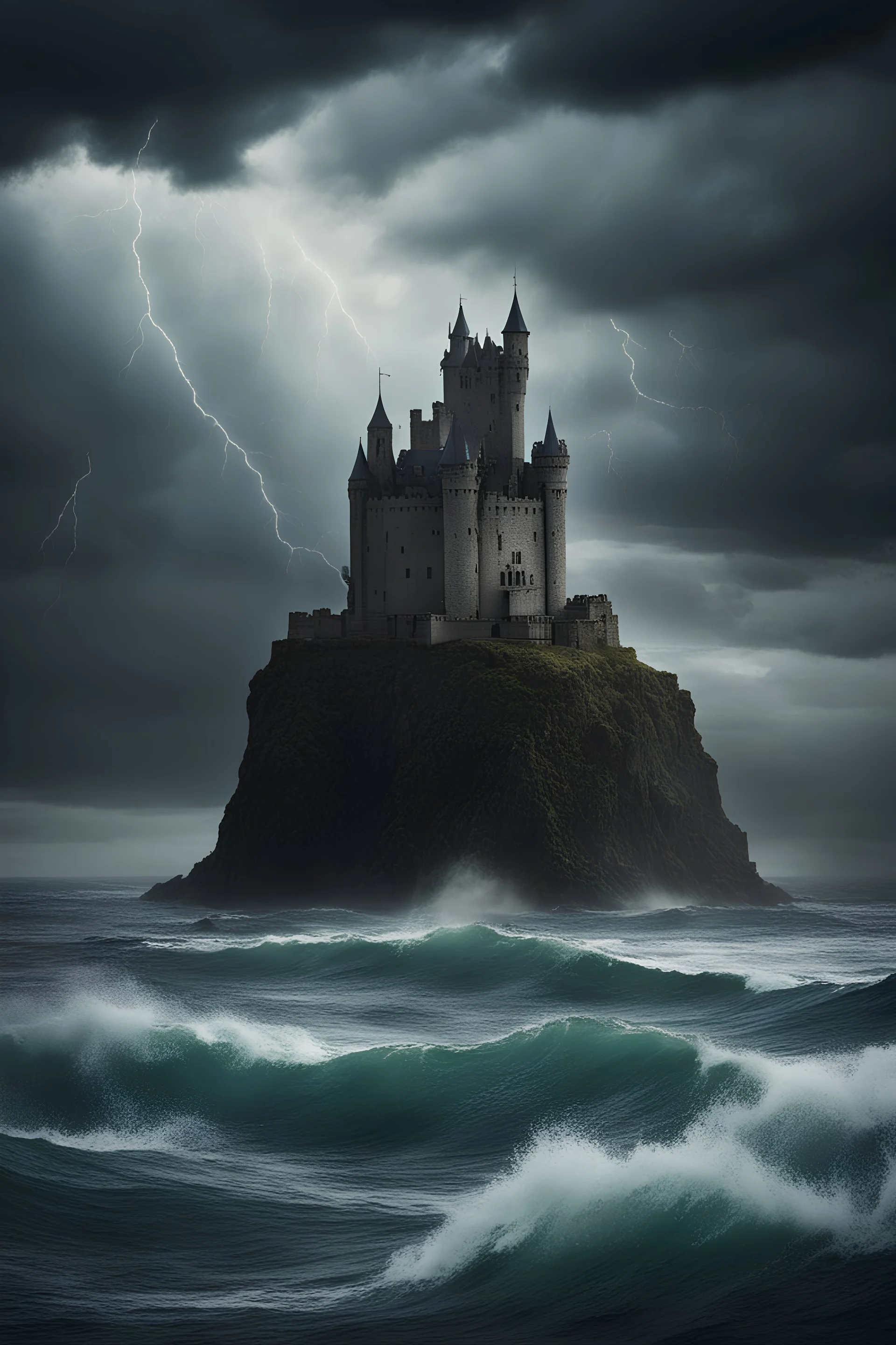 dark castle floating over a stormy sea, pennington