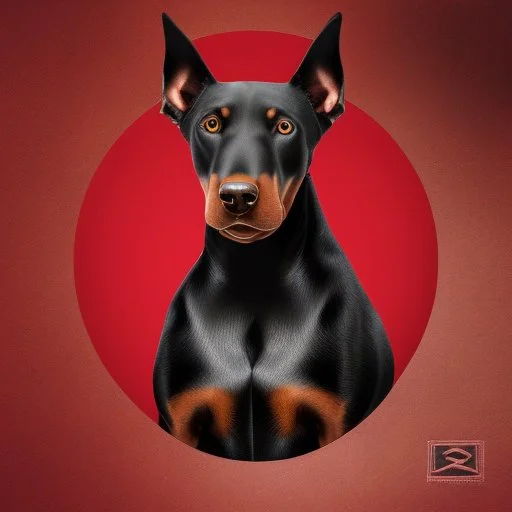 Perro Doberman color negro y rojo vino tinto arte retro de frente fondo blanco