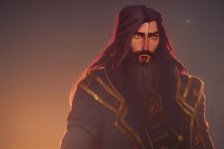 boisterous braided long haired bearded tall man wearing gold rings and long fur trimmed merchant's coat, dark background, dynamic lighting, full body character design, laser eyes