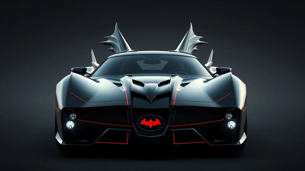 batmobile concept inspired from a 2025 ford mustang dark horse with a large elaborate spoiler and batman symbol style fins, batman symbol in grille, lower wind deflector. red stripes like 1960s adam west batmobile