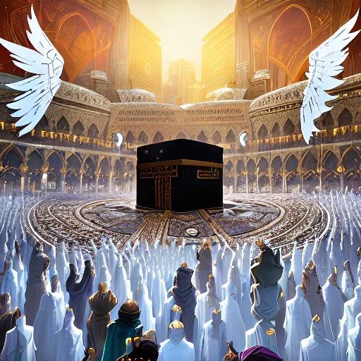 The scene in Mecca: People wearing white Ihram clothes, men without head coverings, women with veils, circumambulating around the Kaaba, and above them are transparent white spirits of children, men, and women with wings revolving around the Kaaba.