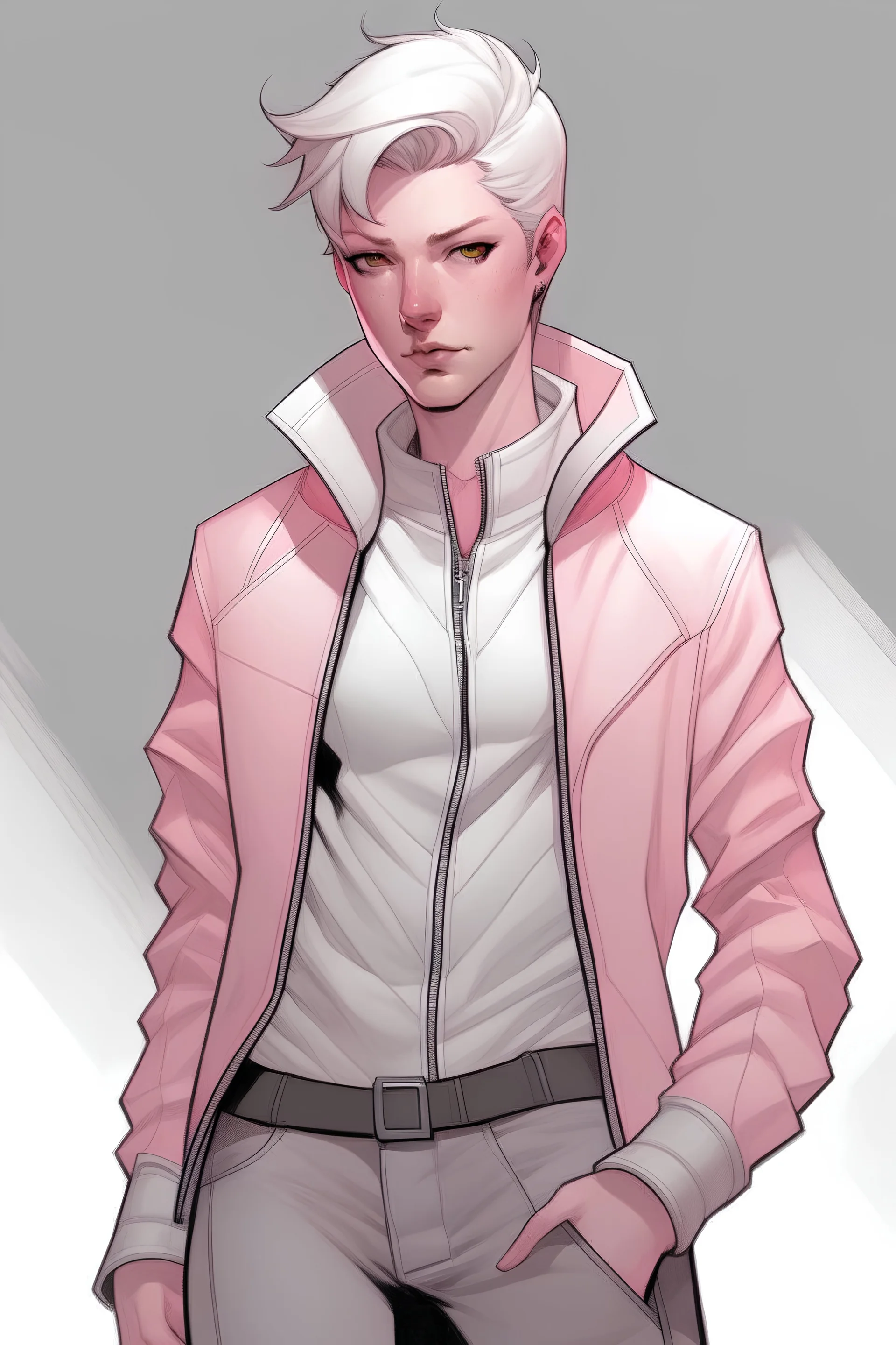 drawing of ftm superhero with short blonde hair, pink and grey costume, and white mask. costume is a grey bodysuit with pink leather jacket