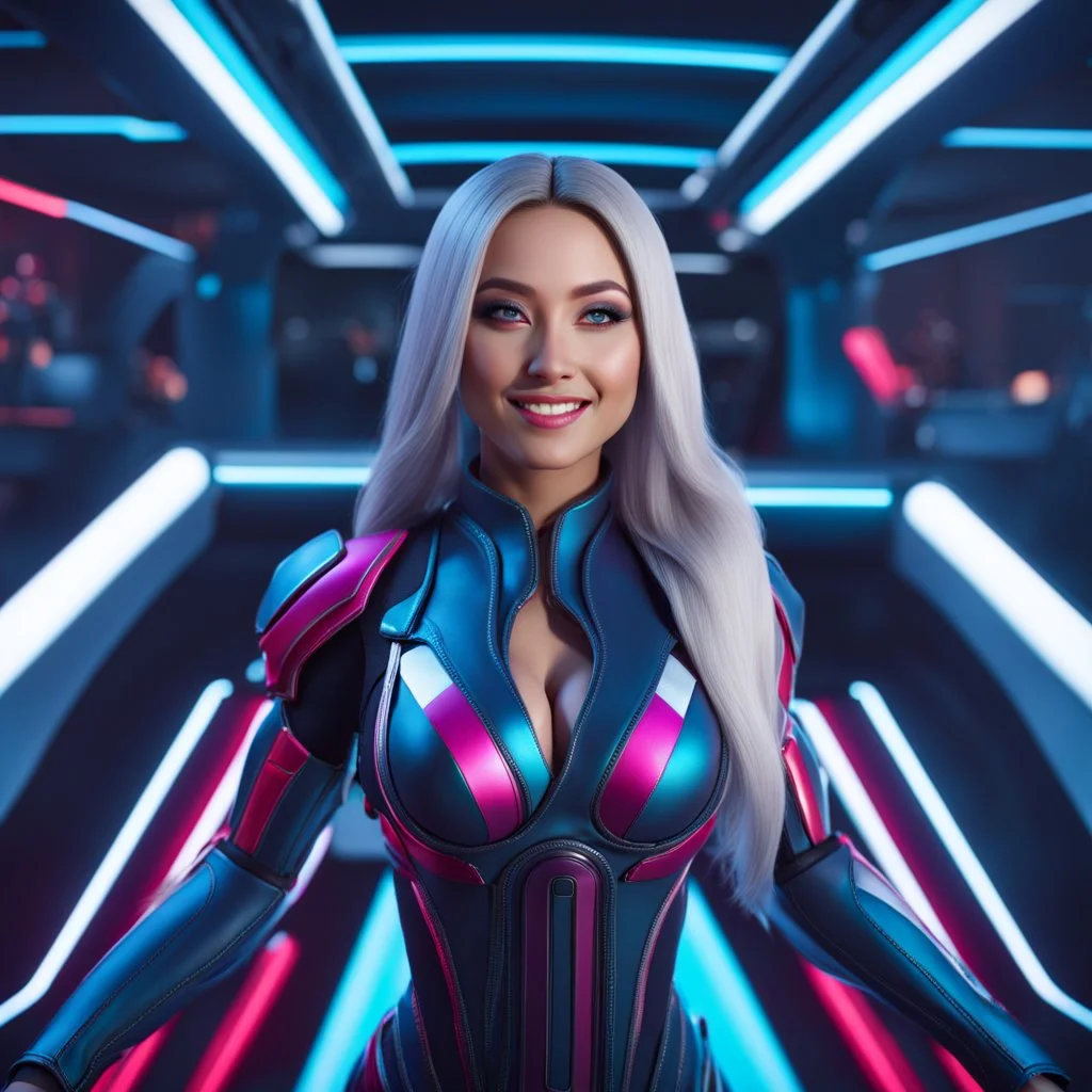 (masterpiece, best quality, 8k, RAW photo, beautiful and aesthetic:1.2), complex detail, Indirect light, photorealistic, (((full body))), Cosmic Baby corp boss style smiling, Long clear curvy hair, colorfull Sci-Fi environment