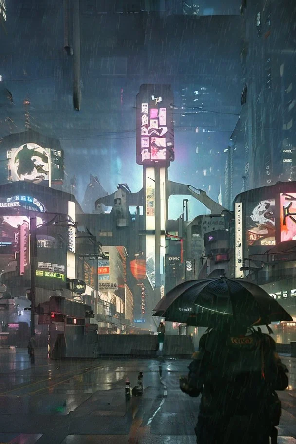 Cyberpunk district with giant foggy skyscarpers, cars, FoV: 100, HD, Unreal Engine 4, heavy rain, rainy streets reflection, neon signs, low contrast, grainy, less color, titanfall,