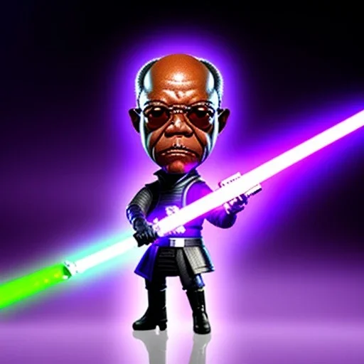 Bald Samuel jackson purpleGlow jedi bobblehead holding a lightsaber and boots, deathstar