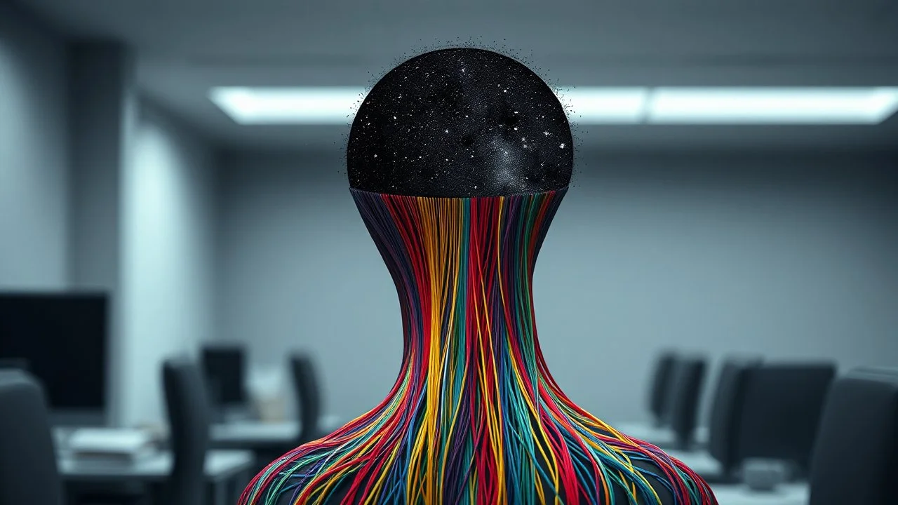 human figure visible only up to the shoulders of colorful threads , the threads forming the head are half-disintegrated, from the head and behind the threads in his head the dark universe with a few stars is visible, the background is gray and blurry office background, surreal image, detailed, sharp contrasts, realistic, cinematic, weird vibe