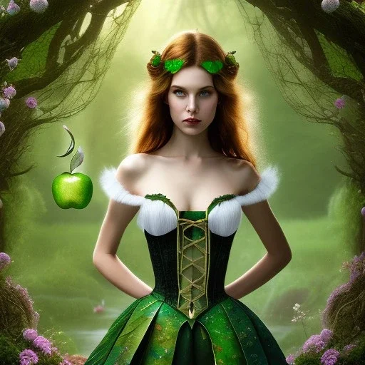 delicate hands with apple, headband, upper body of dark celtic alice in wonderland, fast walker, as a brunette young cute feminine woman, short hair, green forest background, pond, mega flowers,peacock,sun light