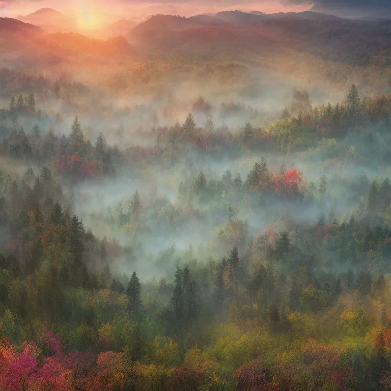 Misty valley at sunrise, spring forest, highly detailed intricate 8k wallpaper, lisa frank dali hr giger, long shot tilt shift vibrant colorful stunning award - winning masterpiece trending on artstation beautiful